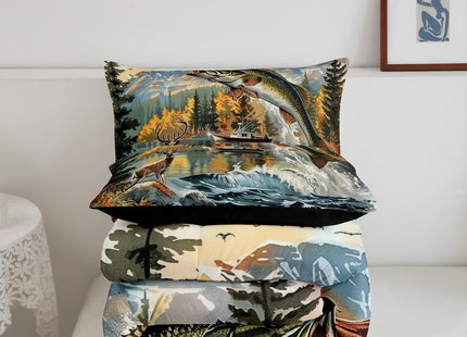 Erosebridal Bass Fishing Full Comforter Set,Hunting Deer Bedding Sets for Kids Boys Girls,Big Pike Fish Quilt Bed Set,Rustic Mountain Lake House Bedroom Decor,2 Pillowcases Lightweight