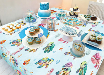 CANDY CHEF Sea Turtle Tablecloth 3 Pcs Ocean Turtle Birthday Party Supplies Plastic Disposable Turtle Theme Table Covers for Under The Sea Party Baby Shower Decorations