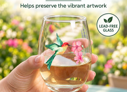 Hummingbird Stemless Wine Glasses Set of 4, Hummingbird Lovers Gifts for Women, Bird and Outdoor Lovers, 15oz Wine Glasses Gifts for Women, Floral Garden Lovers, Forest Birds Hummingbird Decor