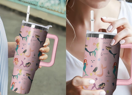 40oz Mermaid Tumbler with Handle and Straw, Animal Lovers Gifts for Women, Stainless Steel Travel Mug Water Bottle, Vacuum Insulated Cup with Lid