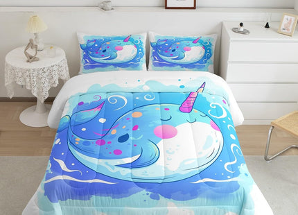 Cute Narwhal Comforter Set Twin for Kids Youth,Ranibow Unicorn Bedding Set Gifts for Girls,Cartoon Ocean Whale Duvet Insert Blue Tie Dye Quilt Nautical Ocean Themed Bedroom Decor,Breathable Cozy