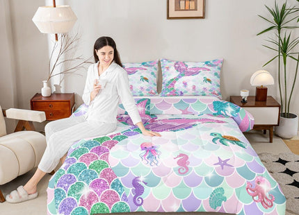 Erosebridal Mermaid Tail Bedding Set,Nautical Sea Animal Kawaii Down Comforter Queen Size,Fish Scale Sparkle Sequins Comforter Set Sea Turtle Octopus Duvet Filler Jellyfish Seahorse Bedroom Decor