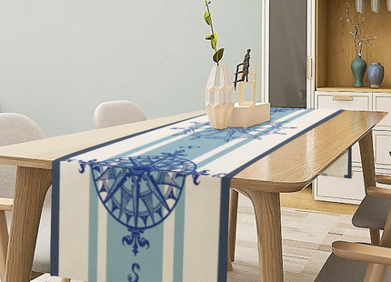 Nautical Compass Table Runner Vintage Navy Blue Striped Coastal Compass Spring Summer Ocean Theme Dinner Runner for Farmhouse Kitchen Dining Party Holiday 13x36in
