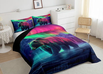 Erosebridal Aurora Bear Toddler Bedding Set,Mountain Snow Scene Comforter Set for Kids,Northern Lights Quilt Bed Set Cabin Pine Tree Bed Comforter Sets with 1 Pillowcase Room Decor