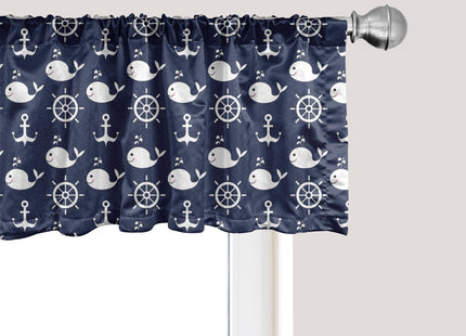 Ambesonne Navy Blue Window Valance, Maritime Pattern with Whales Helms Anchors Nautical Elements Deep Sea Life, Curtain Valance for Kitchen Bedroom Decor with Rod Pocket, 42" x 12", Navy Blue White