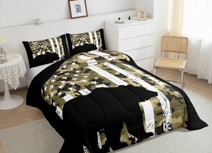 Erosebridal Black Bear Bedding Set Full Green Camouflage Comforter Set, US Flag Duvet Insert Army Military Camo Quilt Sets, Woodland Animal Bedding Comforters & Sets Farmhouse Lodge Cabin Decor 3pcs
