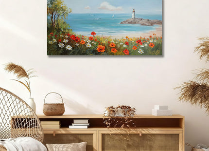 Ardemy Lighthouse Framed Canvas Wall Art for Living Room Blue Ocean Painting Seascape Landscape Coastal Picture Textured Bedroom Artwork Home Office Wall Decor, Large 48"x24"