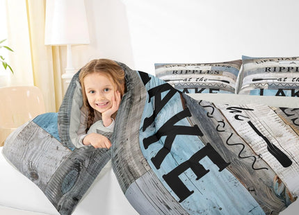 Homewish Lake Theme Comforter Set,Rustic Farmhouse Bedding Set for Kids Girls Women,Adults Lake Life Comforter,Wooden Barn Doors Quilted Duvet Set Bedroom Collection Twin Size 2Pcs