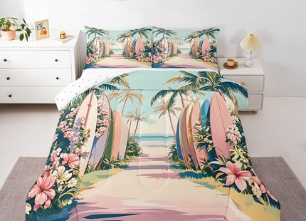 Manfei Beach Surfing Comforter Set 2Pcs Coastal Style Twin Size Bedding Set Beach Coconut Tree Duvet Insert for Kids Boys Girls Adult Room Decor(1 Comforter,1 Pillowcase) Pink