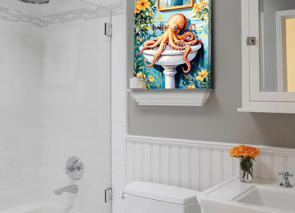 Framed Funny Octopus Bathroom Wall Art,Cute Sea Animal Canvas Print
