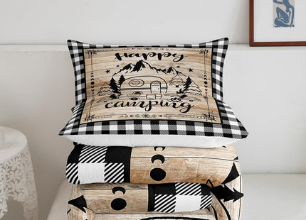 Erosebridal Happy Camping Bedding Sets King Western Lodge Cabin Comforter Set Black White Buffalo Plaid Duvet Insert Camper Theme Quilted Comforter Teens Adults Rustic Farmhouse Travel Trailers Decor