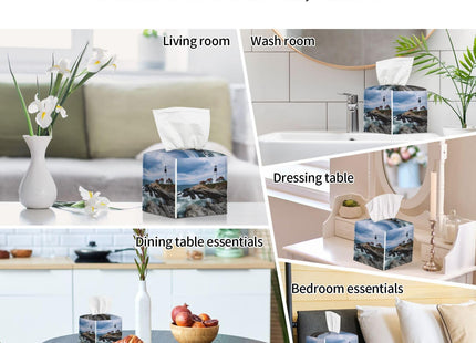 Lighthouse Beach Sky Square Tissue Boxes 5.2"x5.2"x5.2", Decor for Bathroom Countertop Home Office