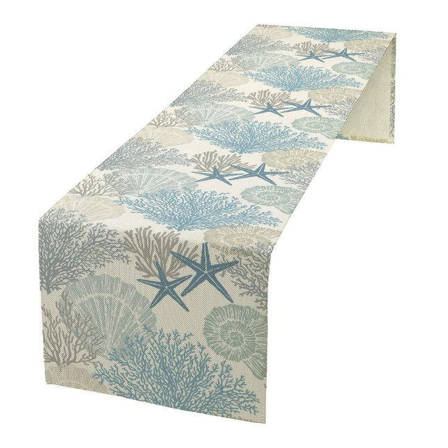 Llylumty Coastal Beach Tablecloth,Sea Animals Starfish Summer Theme Nautical Sea Shells Satrfish Theam,Summer Ocean Home Decor for Table Dining Room Kitchen,Blue,13x60 inch