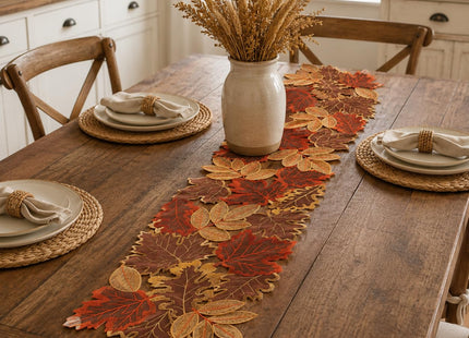 Fall Table Runner 13x69 Inches Long Autumn Maple Leaf Embroidered Runner