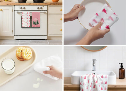 Hluvibbi Green Xmas Tree Snowman Reindeer Merry Christmas Kitchen Towels Dish Towels, 17x27 Inch Daily Seasonal Winter Decoration Hand Towels Set of 4,Pink Cute Farmhouse Home Decor