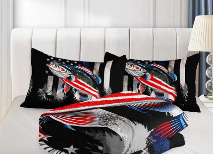 HOSIMA Soft Microfiber Black King Size Comforter Set with 2 Pillowcases,American Flag Striped Bass Pattern Bedding Sets,Fishing Comforter Kids Men Boys Room Decor,Room Essentials for Men.