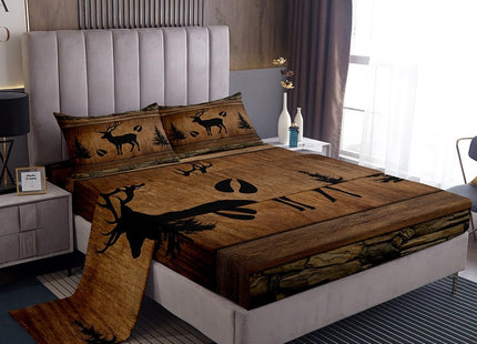 Manfei Rustic Deer Sheet Set Queen Size, Black Tree Deer Paw Print Bed Sheet Set 4pcs with Deep Pocket Fitted Sheet + Flat Sheet + 2 Pillowcases, Brwon Wooden Plank Bedding Set for Kids Boy Room Decor
