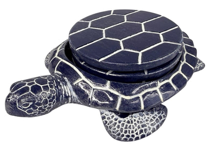 Sea Turtle Coaster Set - Coastal Ocean Beach Decor - Rustic Nautical Navy Blue and White Finish