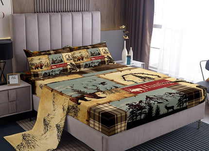 Erosebridal Rustic Patchwork Sheet Set Queen Size, Hunting Deer Bear Bed Sheets Set with Footprint, Geometric Wildlife Motion Grid Sheets for Boys Adults Wildlife Printed Bed Set Bedroom Decor