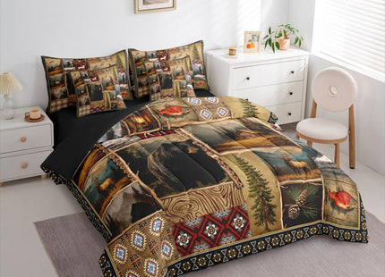 Erosebridal Hunting and Fishing Queen 7 Pcs Bedding Set, Rustic Bear Deer Cabin Plaid Comforter Set with Sheets, Vintage Southwestern Farmhouse Bed in A Bag, Boho Aztec Brown Patchwork Bed Sets