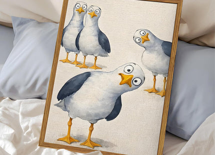 Framed Funny Seagull Bird Canvas Wall Art, Whimsical Nosy Coastal Birds Pictures Wall Decor, Cute Beach Animal Poster Prints Eclectic Home Decor for Living Room Bedroom Bathroom 12x16 inch