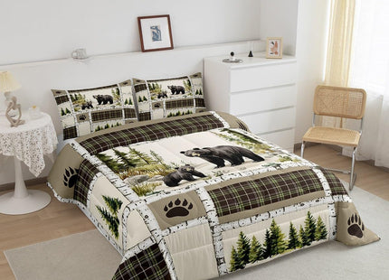 Rustic Lodge Bear Queen Comforter Set with Retro Buffalo Check Plaid Patchwork Quilt for Country Cabin Decor, Hunting Wild Animal Duvet Insert and Bedding with 2 Pillowcases