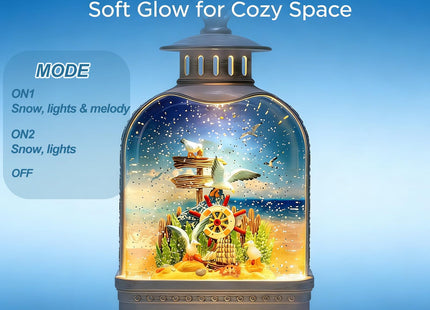 Nautical Theme Snow Globe Lantern with Music - USB or Battery Powered Light Up Water Lantern with Seagull - Swirling Glitter Water Globe for Summer Costal Ocean Decor - Gift for Ocean Lover (Seagull)