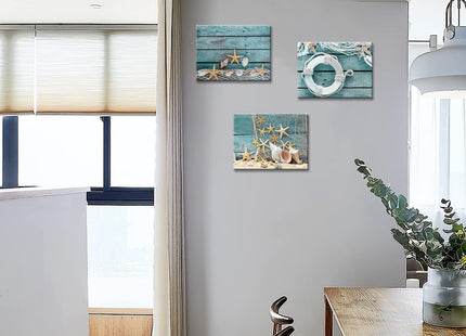 Biuteawal- 3 Piece Canvas Wall Art Starfish Shell on Teal Board Painting Prints Beach Nature Picture Canvas Artwork for Home Kitchen Bathroom Living Room Wall Decor Ready to Hang