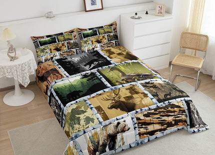 Bear Farmhouse Bedding Set King for Women Men,Duck Elk Deer Wildlife Animals Woodland Comforter Set Western Decor,Pine Tree Jungle Plant Down Comforter Wooden Cabin Farm Country Style Duvet Insert