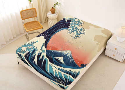 Erosebridal Wave Fitted Sheet Full Size, Japanese Ukiyo-e Ocean Waves Design Blue & Cream Bedding Set with Pillowcases, Hand-Drawn Nautical Theme Decorative Luxury Bed Sheets (3-Piece)