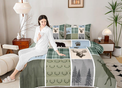 Feelyou Rustic Cabin Deer Bedding Set Twin Size Kids Hunting Country Farmhouse Comforter Cover for Boys Girls Teens Wild Animal Duvet Cover Deep Green Quilt Set Breathable Soft Lightweight Microfiber