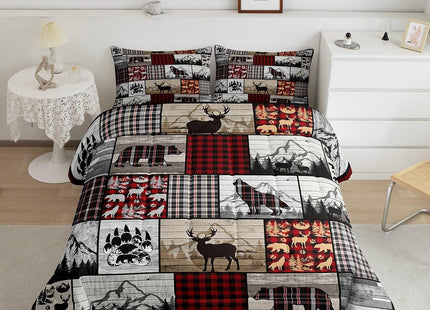 Feelyou Plaid Deer Elk Bear Wolf Comforter Set for Girls Boys Rustic Cabin Farm Forest Camping Hunting Comforter Farm Forest Bedding Set Farmhouse Lodge Duvet Set Full Size Quilt Set