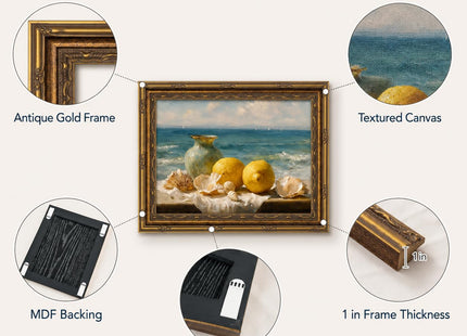 Vintage Gold Framed Lemon Seashell Coastal Canvas Wall Art 12x16 In