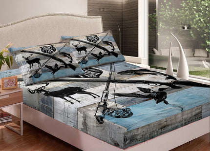 Castle Fairy Hunt Fish Twin Bed Sheet Set,Deer Bird Fish Animal Hunting,Bedding Deocr Set with 1 Flat & 1 Fitted Sheet with 1 Pillow Sham,Rustic Retro Wooden Board Kids Boys Room Mattress Protector