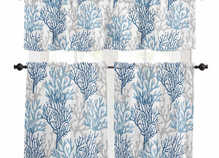 Wowouhiya Navy Blue Coral Coastal Kitchen Curtains Set Small Half Curtains 24 Inches Length, Summer Beach Seaside Nautical Rod Pocket Window Treatment Bedroom Tiers and Valance Set for Cafe Bathroom