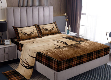 Castle Fairy Deer Antler Bed Sheet Set Queen Size,Rustic Farmhouse Wooden Board Barn Bedding Set for Children Adult,Animal Retro Plaid Geometric Sheet Sets with Flat, Fitted Sheet, 2 Pillowcases