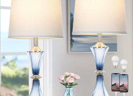 Rinweey Blue Glass Table Lamp Set of 2 with USB C+A Ports & AC Outlet, Bedside Lamp, Modern Bedroom Lamps, Coastal Lamp for Night Stands Bedroom Living Room,Nightstand Lamp LED Bulbs Included