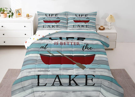 Lake House Comforter Set Twin, Paddle Boat Bedding for Kids Girls Lake Lovers, Rustic Farmhouse Style Down Comforter, Retro Wooden Board Duvet Insert, Home Decor, Dark Red Blue