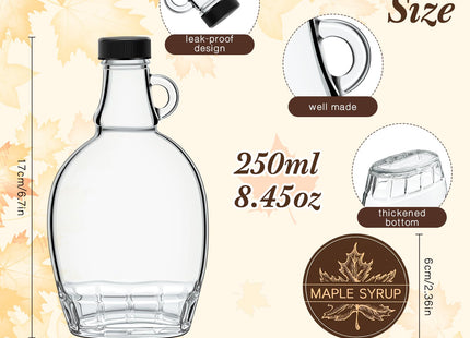 FoldTier 12 Pcs 8 oz Glass Maple Syrup Bottles Clear Reusable Glass Bottles with Lids Loop Handle and Maple Syrup Stickers Jars Container for Milk Potion Juice Sauce Oil Storage Gift(Stylish)