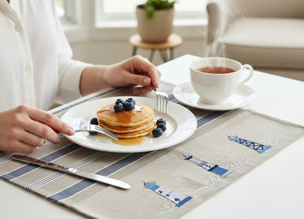 Nautical Placemats – Set of 4 –– Cotton Decorative Embroidered Design - Natural, Navy Blue and White (Lighthouse)