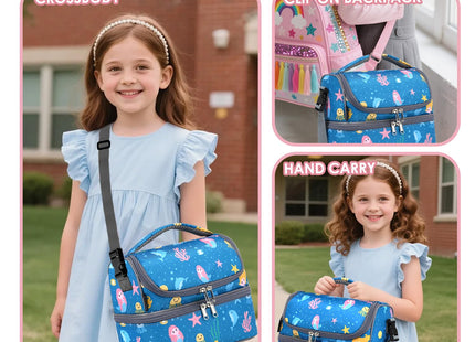 FlowFly Double Decker Cooler Insulated Lunch Bag Large Tote for Boys, Girls, Men, Women, With Adjustable Strap (Blue-Mermaid)