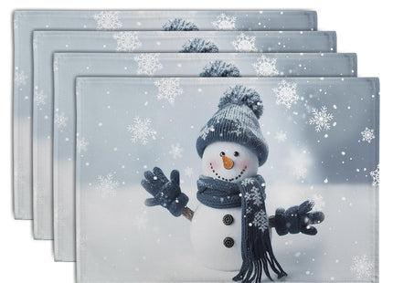Wnoesat Snowman Placemats Set of 4, 12x18 Inch Winter Cute Blue Snowman Snowflake Table Mats Seasonal Christmas Holiday Washable Linen Fabric Place Mats for Farmhouse Party Kitchen Dining Decor