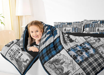 Hunting Wolf Bear Deer Moose Comforter Set For Kids Boys Retro Blue Black Grey Plaid Buffalo Plaid Lodge Quilt Comforter Full Rustic Farmhouse Cabin Bedding Set Woodland Animal Duvet Set 3 Pcs
