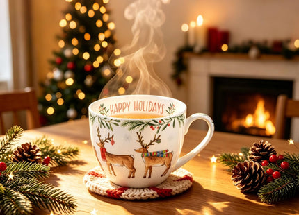 MFoffice Christmas Reindeer Mug – 20oz Bone China Coffee Tea Hug Mug with Happy Holidays Inside, Perfect Christmas or Any Holiday Gift for Women & Men – Designed in England by Harvest Green Studio