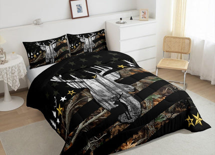Deer Hunting Bedding Camo Antlers Bedding Comforter Sets for Boys Teens Youth Men Camouflage American Flag Comforter Set Wildlife Elk Moose Duvet Insert White Black Bedroom Decor 2 Pcs, Twin Size