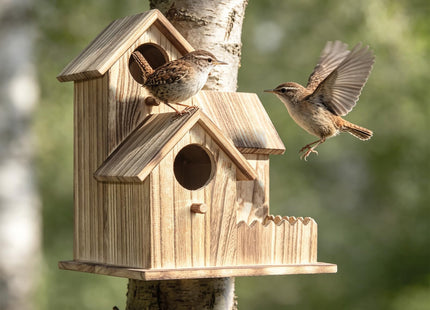 BlueYu Large Wooden Bird House for Outside, 3-Hole Birdhouse, Outdoor Bird Nesting Box for Bluebird Chickadee Finch Wren, Perfect for Garden Courtyard Decoration