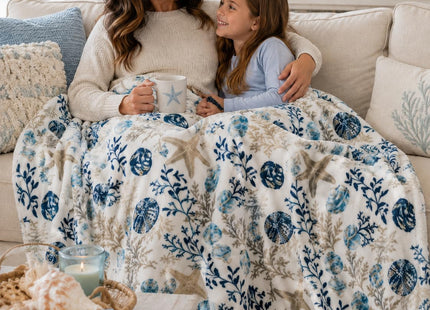 Coastal Ocean Beach Throw Blanket, Blue Gray Taupe White, 50x70 Oversized