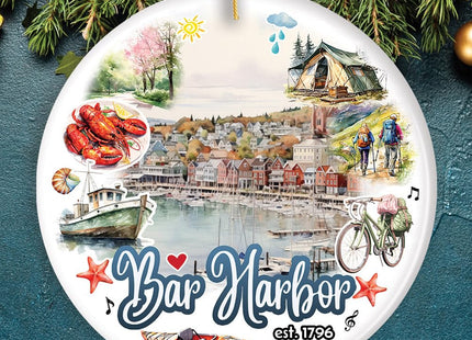 Artistic Bar Harbor Christmas Ornament, Maine Souvenir and Gift with Lobster and Acadia Art