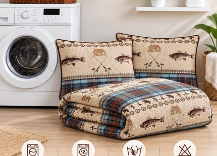 River Fly Fishing Rustic Cabin Lodge Quilt Bedspread Bedding Set with Fishing and Southwestern Plaid Tweed Patterns Blue Brown - River Lodge (King / Cal-King)