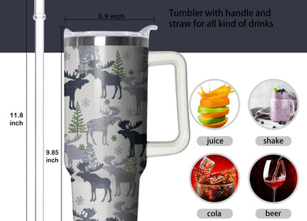 40oz Moose Stainless Steel Tumbler with Handle and Straw, Insulated Cup Travel Coffee Mug Water Bottle with Lid and Straw, Animal Lovers Women Gifts